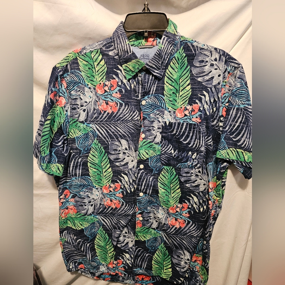 Izod Saltwater  Men's Tropical Leaf Print Shirt Blue Green Red Sz. L Button Up